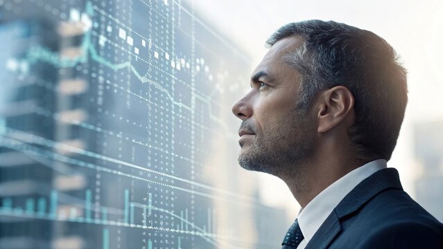 A futuristic double exposure of a businessman’s face overlaid with flowing binary code, stock market graphs, and digital circuits, symbolizing the connection between technology and business leadership