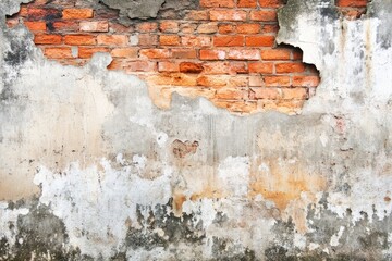 Weathered brick wall with peeling plaster