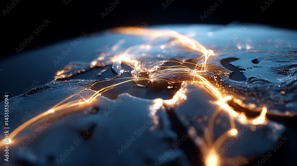 Poster global interconnected network visualization, showing data streams across earth