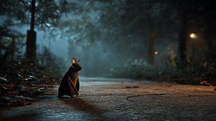 A lone mouse stands on a dimly lit path in a misty forest.