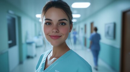 Fototapeta premium Smiling female travel nurse stands in hospital corridor. Diverse medical staff is in background. Positive atmosphere. Pro healthcare. International hospital setting. Happy person. Modern lifestyle.