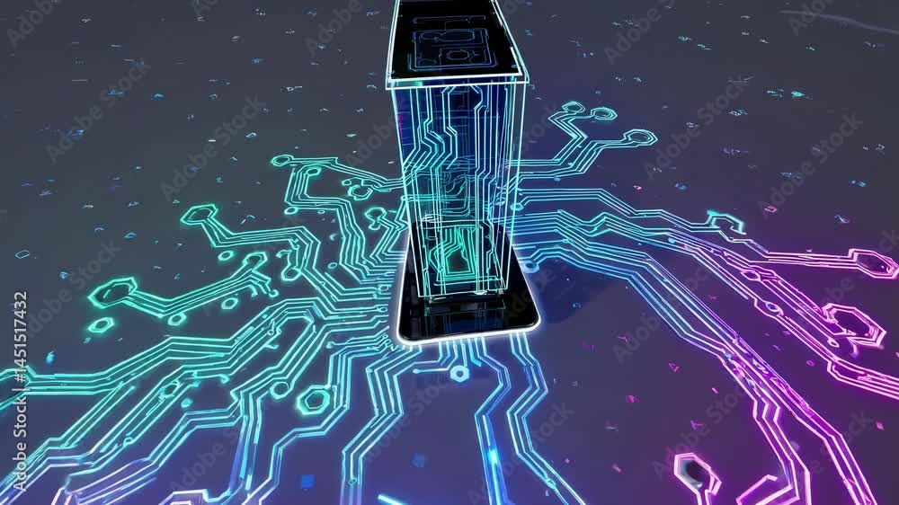 Poster futuristic circuit board design with neon lines and a 3d holographic device. top-down angle, ideal f