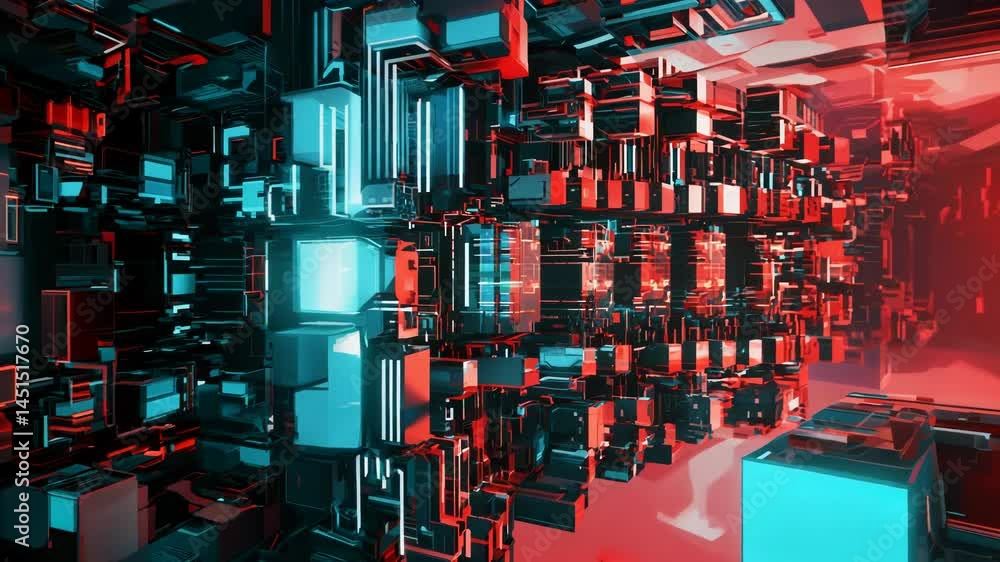 Poster Computer technology abstraction with connected hardware or data servers in neon lights of wires