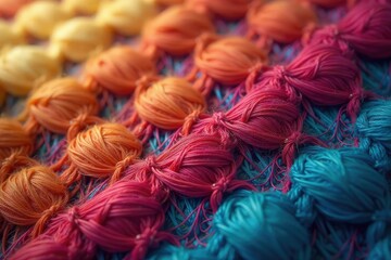 Close-up view of intricate woven fabric with recurring motif , macro, detail, intricate