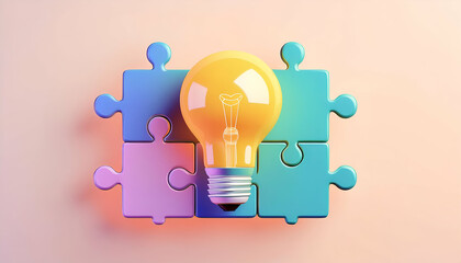 A glowing lightbulb rests on colorful puzzle pieces, symbolizing innovation, problem-solving, and ideas coming together. The design is vibrant and abstract, ideal for creativity and teamwork themes.