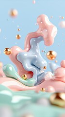 Abstract Pastel Liquid Forms with Metallic Gold Spheres