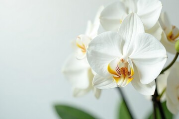 Fototapeta premium Delicate white orchid blossom against pure white backdrop, nature, environment