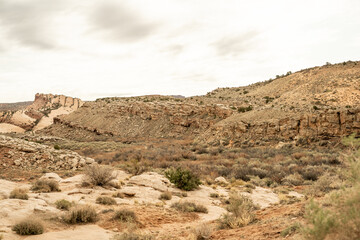 A wide arid canyon with layered sandstone cliffs and dry desert vegetation under a cloudy sky in the American Southwest