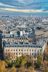 Plakat Paris, beautiful Haussmann facades and roofs in a luxury area of the capital, view from the triumph arch 