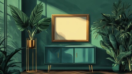 Plants in tall, golden stands, a teal cabinet and an empty, luxurious frame on a green wall of a modern apartment interior illustration