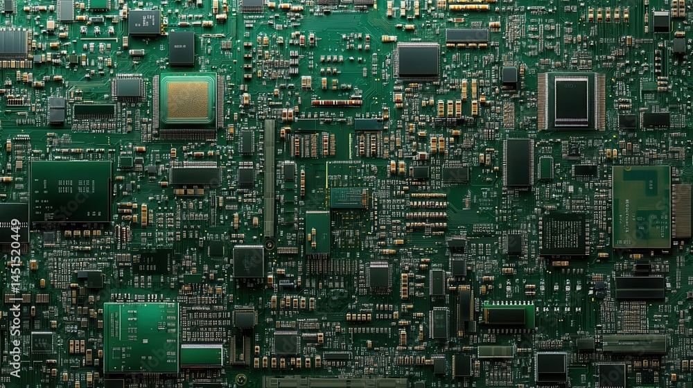 Poster the intricate design of cpus, microchips, computing processors, and electronic circuit boards, prese