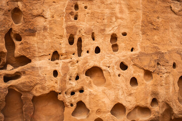 A close up view of a red sandstone canyon wall filled with naturally eroded holes, capturing the unique geological textures and formations of a desert environment in the American Southwest