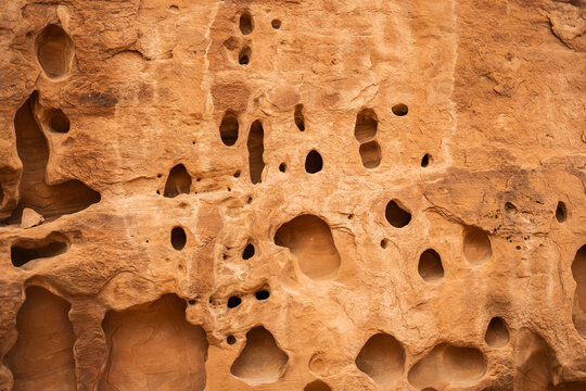 A close up view of a red sandstone canyon wall filled with naturally eroded holes, capturing the unique geological textures and formations of a desert environment in the American Southwest
