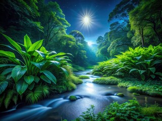 Fototapeta premium Night Forest Stream, Lush Green Thickets, Dark Water, Nature Photography, Night Scene, Dark Green Foliage, Mystical Forest, Stream Bed Plants