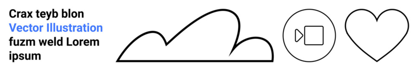 Cloud with rounded edges, video play button in circle, heart contour. Ideal for weather, media, love, design, creativity, digital interfaces simple landing page