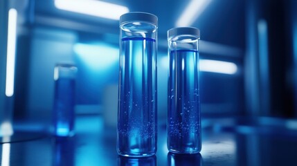 Blue liquid in test tubes, lab research, science background