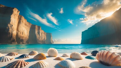 Seashells on Sandy Beach with Turquoise Water and Coastal Cliffs