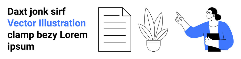 An organized workspace with document and plant icons, alongside a businesswoman gesturing confidently. Ideal for productivity, communication, education, organization, teamwork, learning, and flat