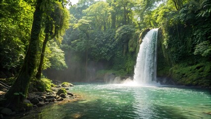 Waterfall cascading into a clear river in deep jungle.
