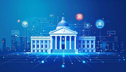 Futuristic flat-style banner illustrating efficient digital government services and technology-driven solutions