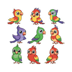 Fototapeta premium Set of Cute Cartoon Parrots in Various Colors and Expressions