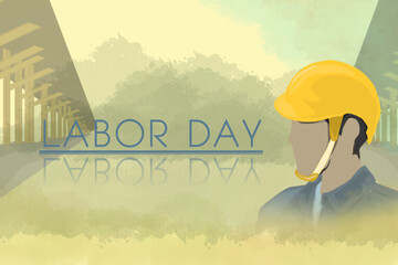 Commemorating Labor Day, a silhouette of a man wearing a work helmet with a building silhouette background