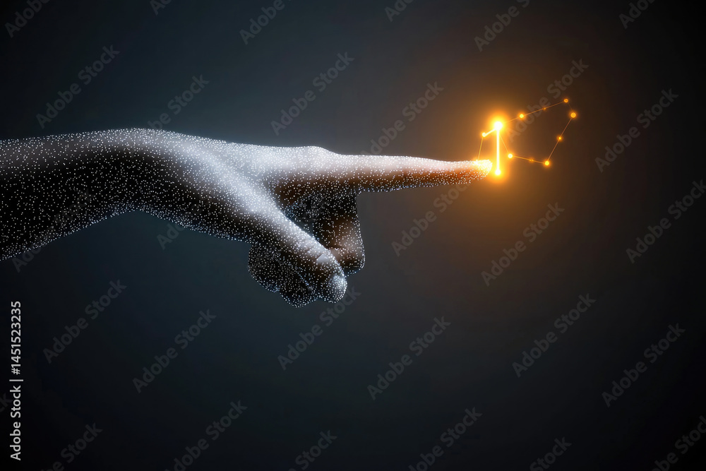 Leinwandbilder side view digital hand with glowing fingertip touching network connection, futuristic technology con