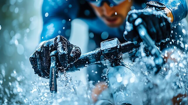 Athlete in Action: A determined athlete battles the elements, braving the torrential downpour and dominating the cycling terrain.