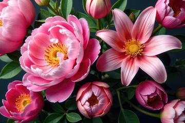 Obraz premium Bold, oversized peonies and lilies in a vibrant, densely packed arrangement Perfect for a statement wall , seamless, illustration