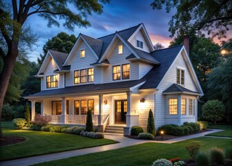 Oak Park Farmhouse Night Photography - Modern White House, Dark Roof, August 2020