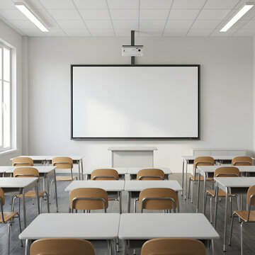Modern empty classroom ready for students and teachers interactive learning education technology projector whiteboard school desk chair learning environment