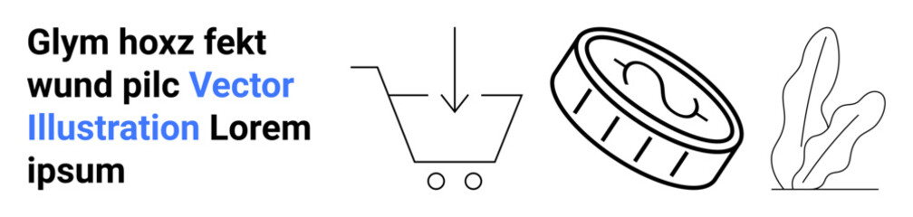 Shopping cart with downward arrow, currency coin, and abstract plant line art. Ideal for e-commerce, digital payment, retail, shopping, marketing, economy and simple landing page
