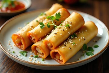 Crispy golden spring rolls, sesame seeds, garnish, isolated, minimal