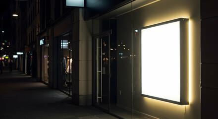 Blank illuminated storefront sign at night perfect for your business advertisement showcasing your brand in a vibrant urban setting attract customers with eye catching signage