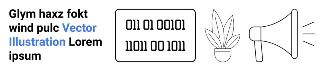 Binary code on screen, megaphone for announcements, and potted plant symbolizing balance. Ideal for tech, coding, marketing, innovation, sustainability, communication flat landing page banner