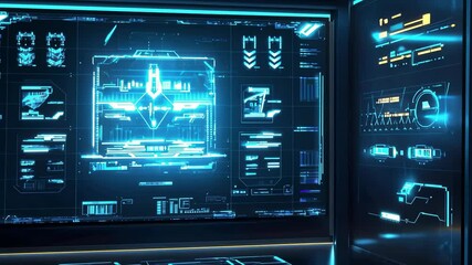 Futuristic interface with dynamic holographic display and technological animations