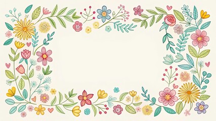 Panoramic Floral Doodle Frame Template: Simple Flower Border Design for Printable Cards & Invitations