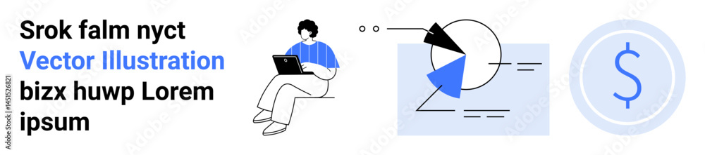 Poster individual working on laptop, analyzing data represented in pie charts and diagrams, accompanied by 