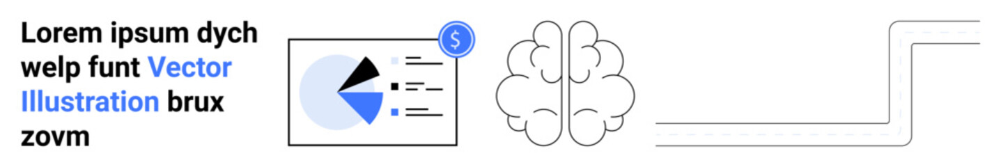 Diagram features financial data chart with pie and line graph, human brain design, and flow connections. Ideal for finance, analytics, AI, creativity, learning, innovation simple landing page