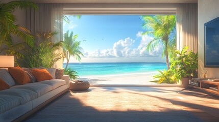 Fototapeta premium Bright coastal interior scene with sea view and stylish furniture perfect for virtual meetings and relaxation space