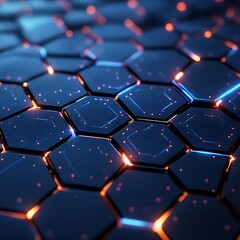 Obraz premium Digital Hexagon Grid: An abstract futuristic grid of blue hexagons with glowing orange lines. The image evokes a sense of connectivity and technology.
