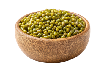 Mung beans in wood bowl isolated on transparent png background