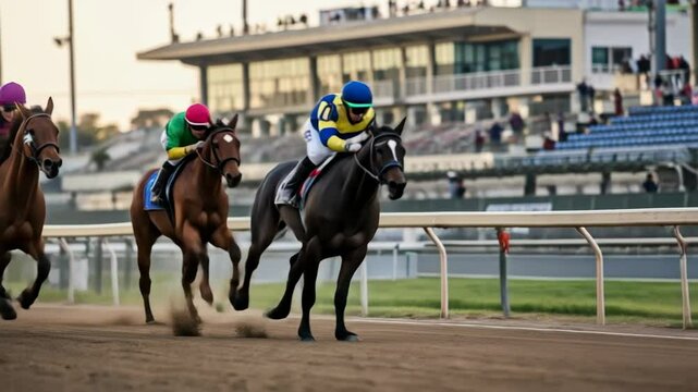 Horse race with jockeys riding on a dirt track