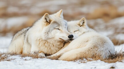 Obraz premium Arctic wolves cuddling in snowy tundra; wildlife conservation