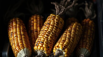 Grilled corn cobs close up
