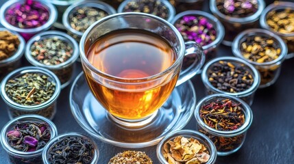 Aromatic Tea Selection Cup of brewed tea surrounded by various dried tea leaves.  Perfect for beverage websites