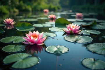 Water lilies create floral pattern across still lake, pink, nature