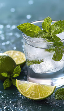 Fototapeta Refreshing mojito cocktail with ice, lime wedge, and fresh mint leaves in clear glass, condensation on glass, vibrant and cool summer drink