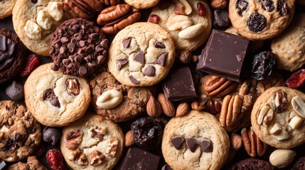 Assorted cookies, nuts, and chocolate; delicious baked goods background for recipe or food blog
