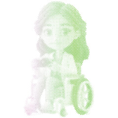 A woman sitting in a wheelchair is taking a photo cartoon retro halftone modern